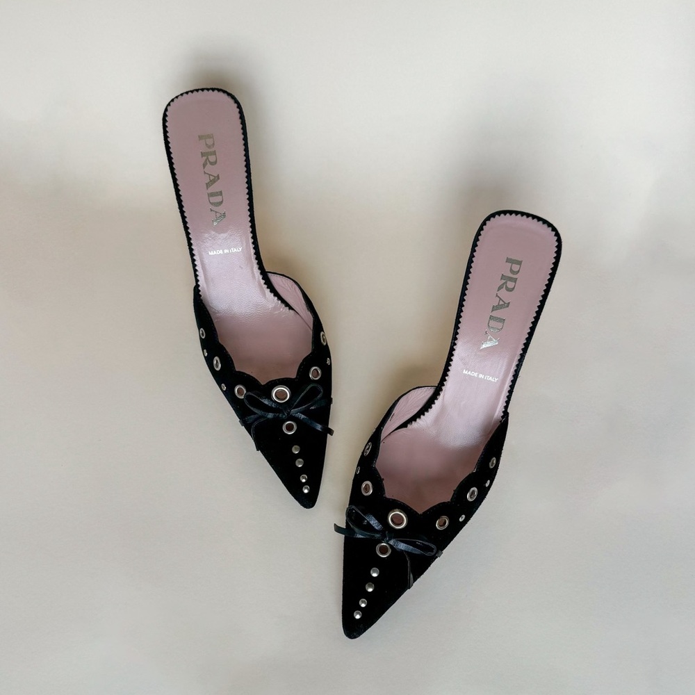 Prada Black Suede Grommet Mules with Leather Bow 38.5 Kitten Heels